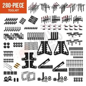 Complete visual layout of the 280-piece XXL Tenaxis welding toolkit featuring fram blocks, compensating swing clamps, T-handle screw clamps, and specialized ninety-degree stop toggle clamps.
