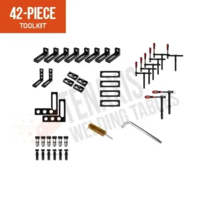 Visual layout of the 42-piece Tenaxis small welding toolkit including one-eighty and ninety degree screw clamps, modular stops, and ball locking pins.