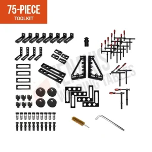 Visual layout of the Tenaxis 75-piece large welding toolkit featuring one-eighty, ninety, and forty-five degree screw clamps, squaring arms, and modular fixtures.